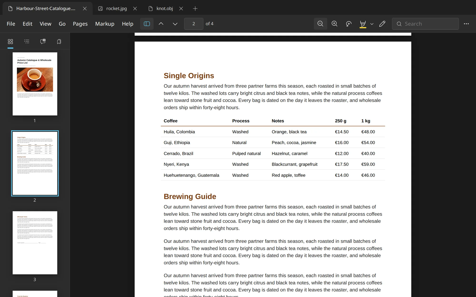 Glance for Windows in dark mode, showing a price table in a PDF