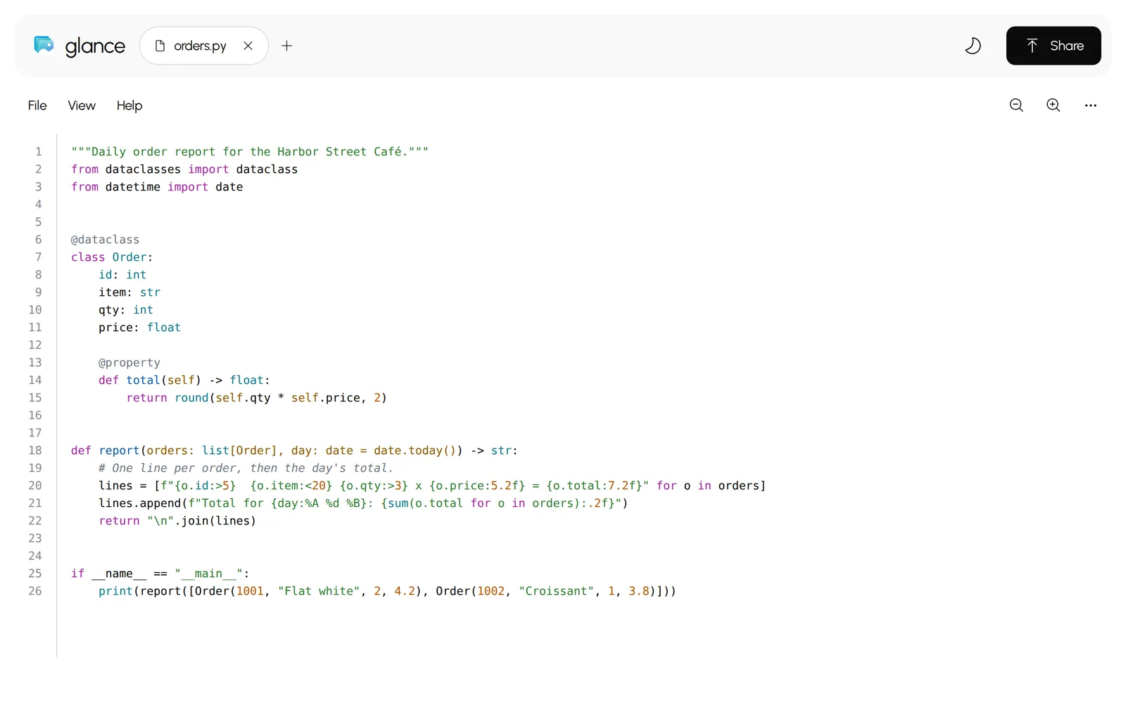 A Python file with coloured code in Glance