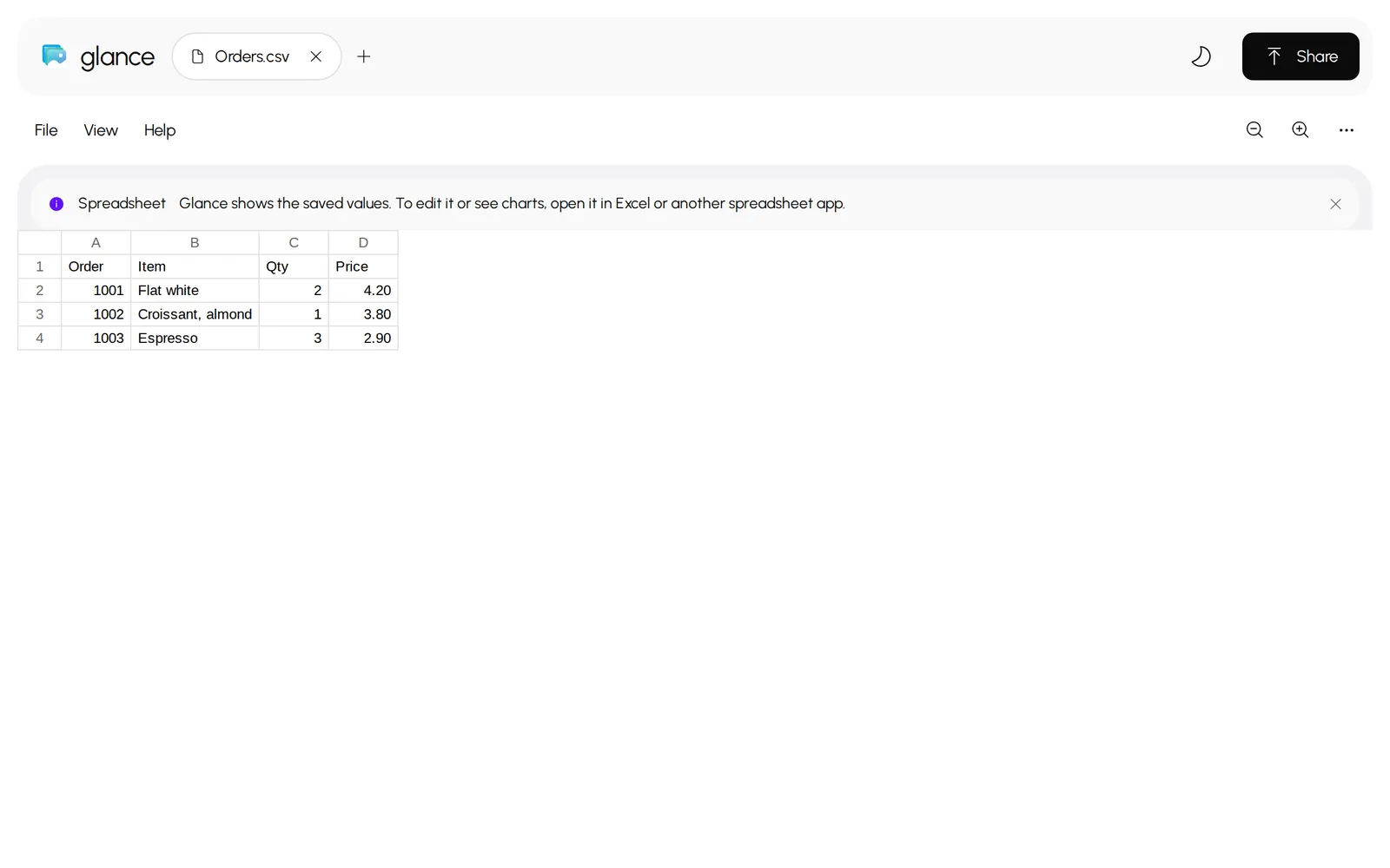 A CSV file shown as a table in Glance