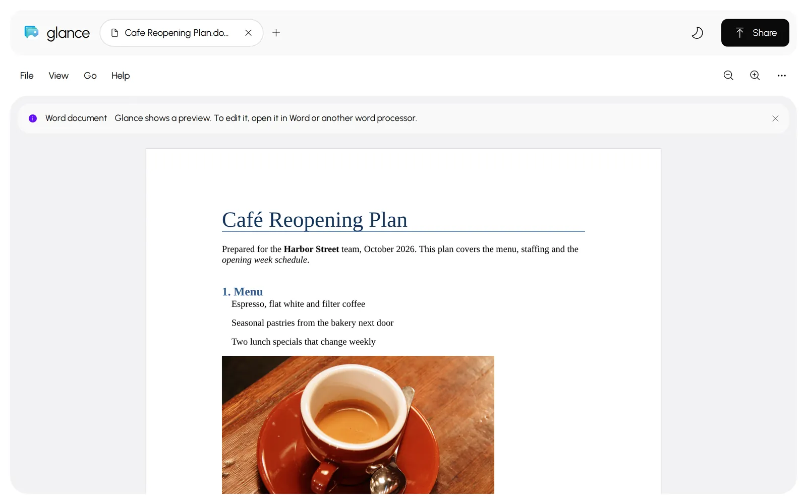 Glance showing a Word document with a photo and a table