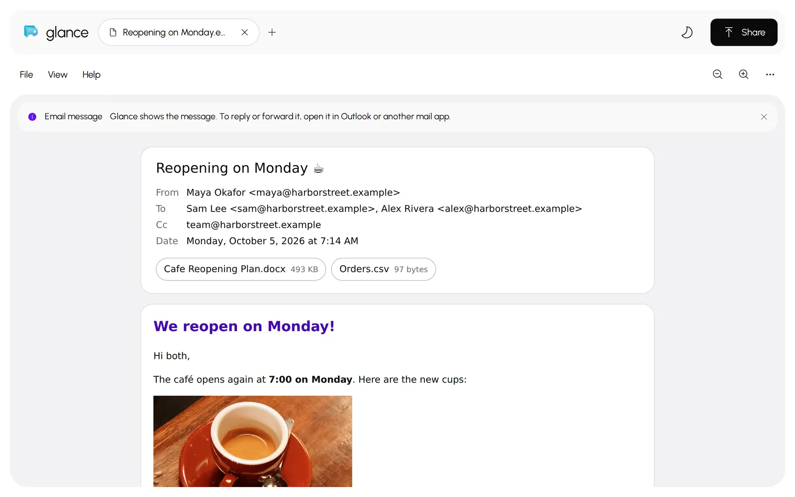 Glance showing an email with its attachments