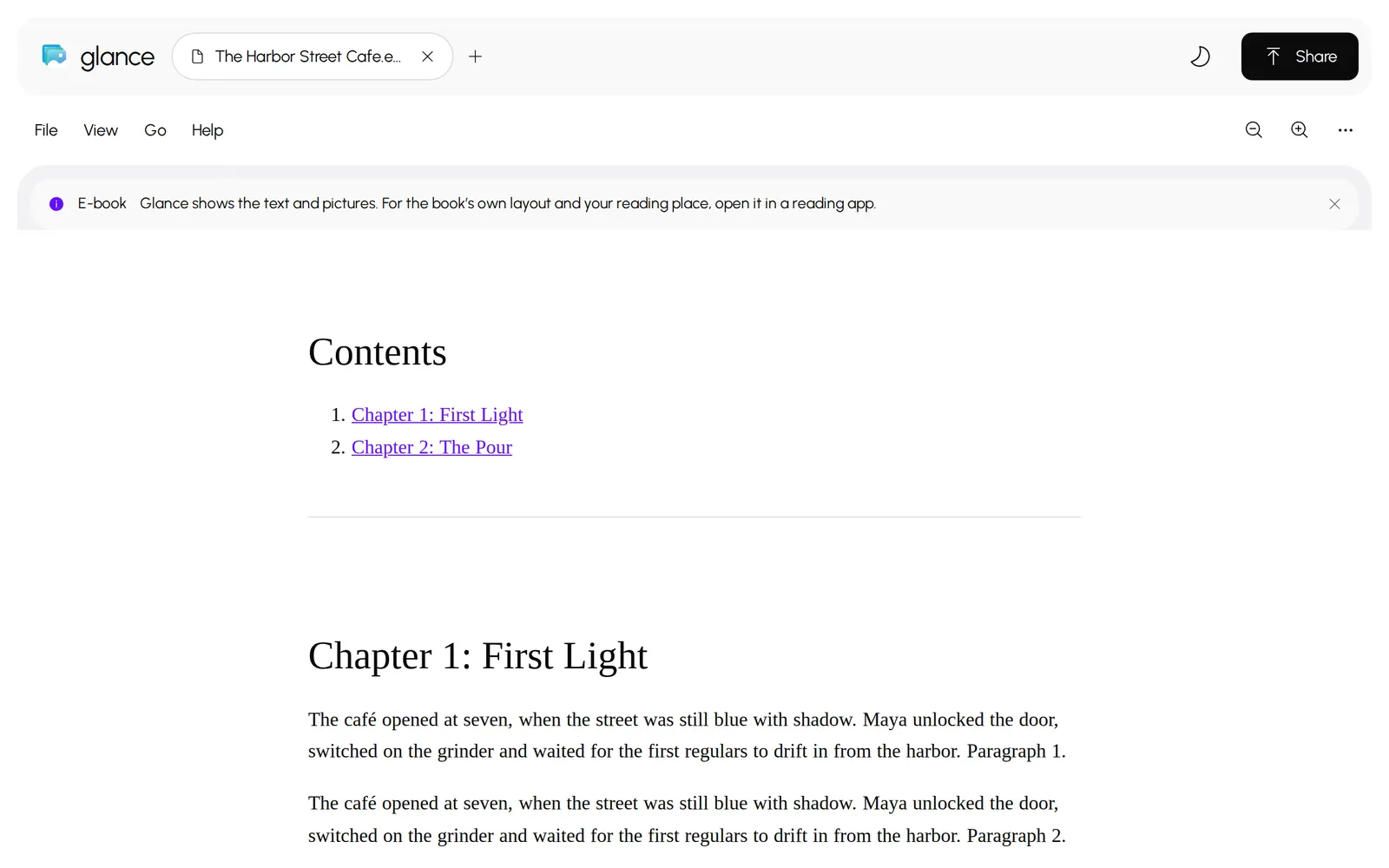 Glance showing the contents page of an EPUB book
