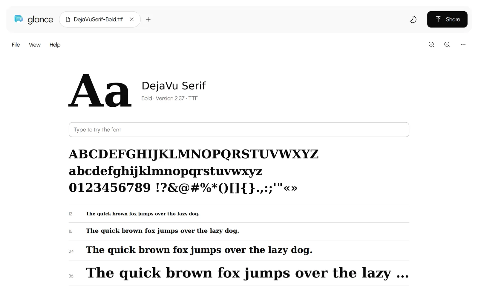 A font sample sheet in Glance