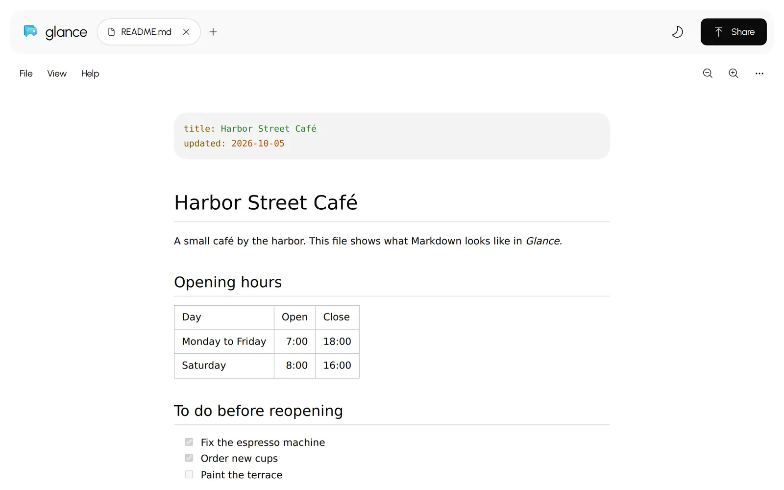 A Markdown file formatted in Glance
