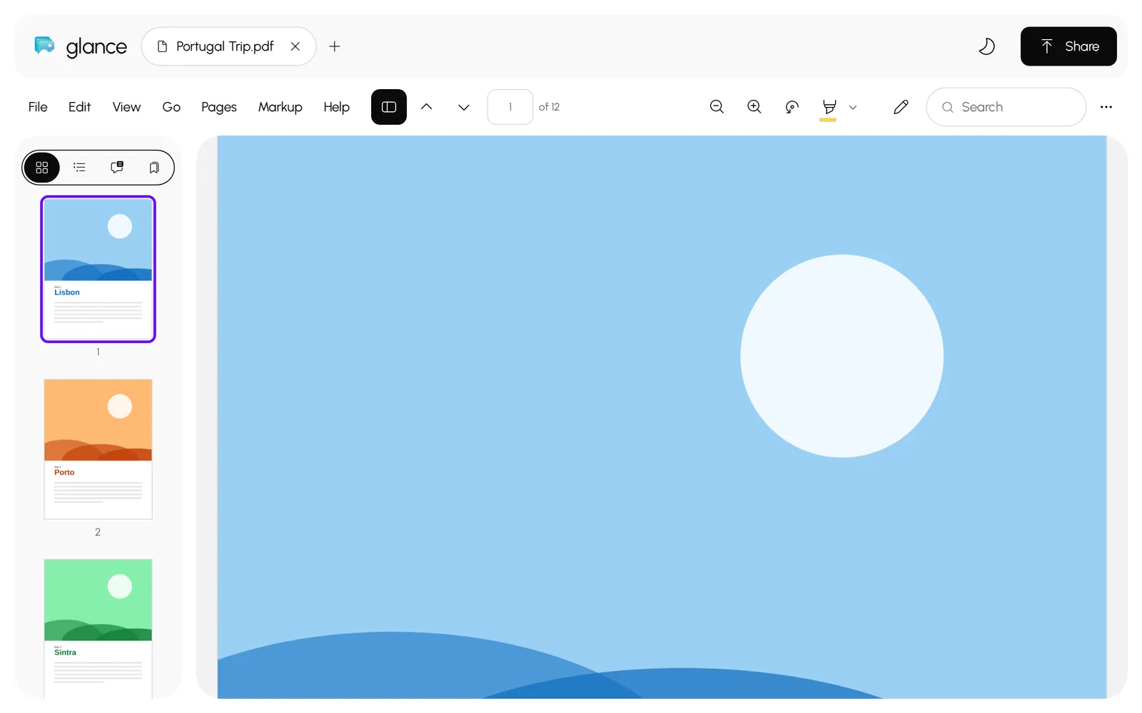 A PDF with page thumbnails open in Glance