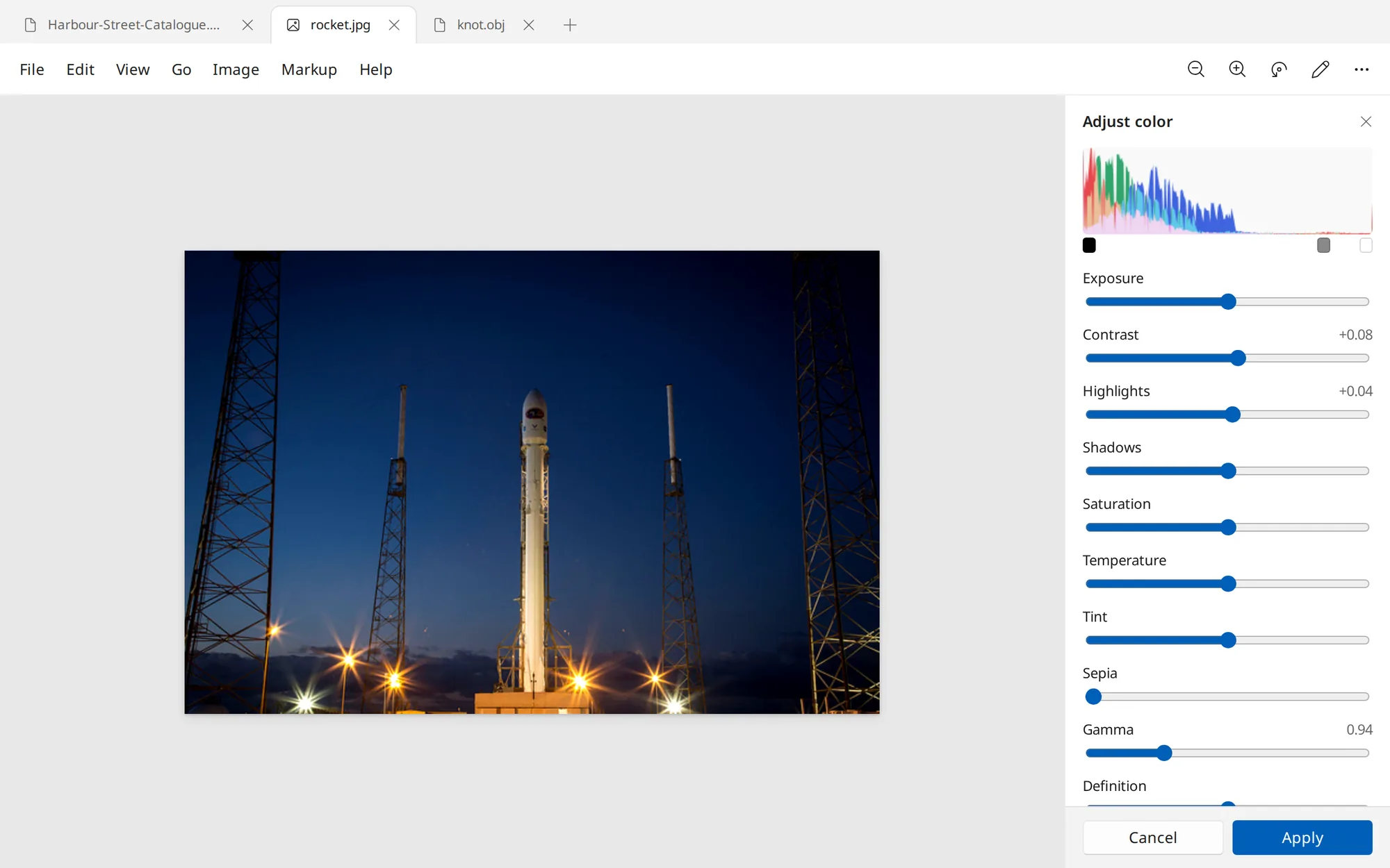 Glance Adjust Color pane beside a rocket photo