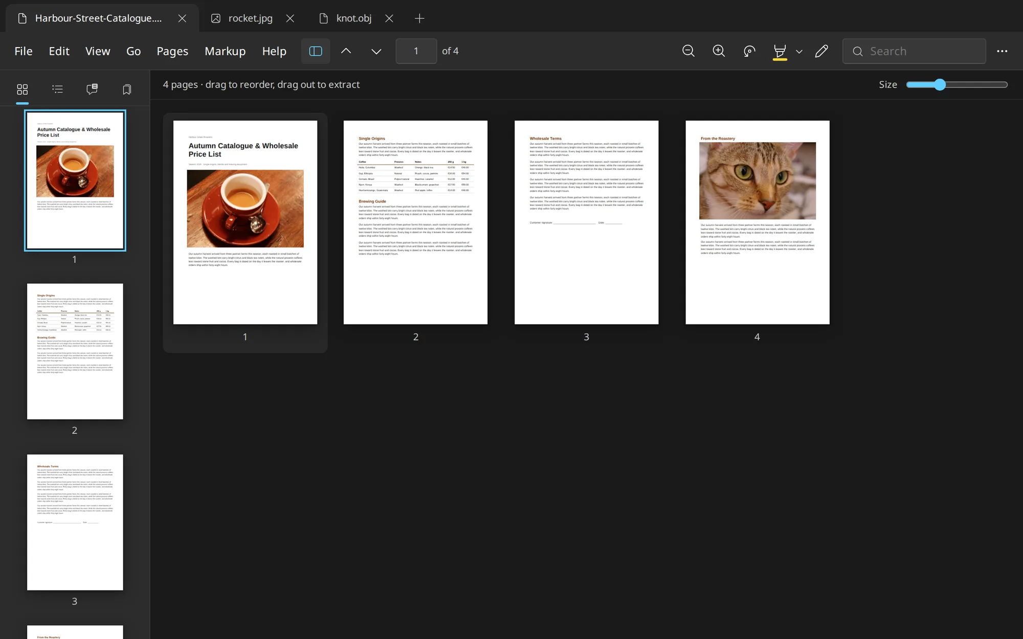 Glance contact sheet showing four PDF pages to drag and reorder