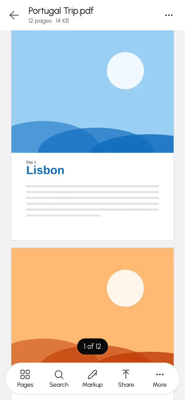 A travel PDF open in the Glance web app on a phone, with the bottom toolbar