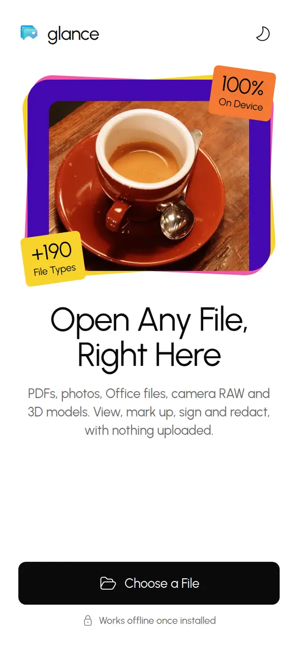 The Glance web app on a phone, with a Choose a File button
